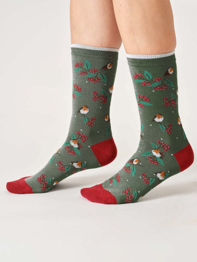 Thought Womens Christmas Tree Robin Hangable Box of Socks
