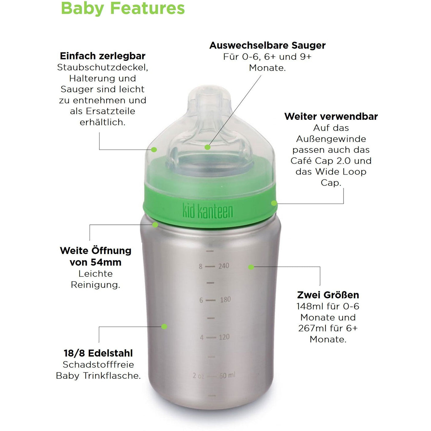 Edelstahl Babyflasche 266ml 6+ Monate mittlerer Trinkfluss