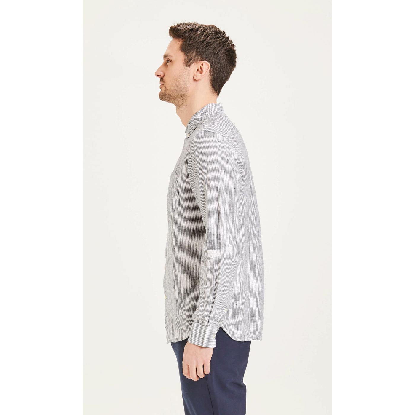 KnowledgeCotton Apparel  LARCH LS striped linen shirt #farbe_total-eclipse